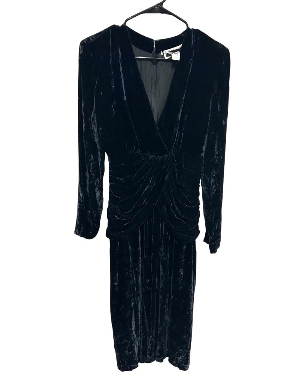 Vintage Black Size 8 Long Sleeve Velvet Ruched Draped Midi Dress Glam Y2K Goth